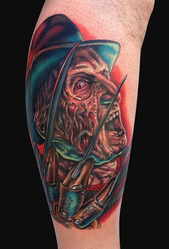 Colorful Angry Freddy Krueger Tattoo On Arm Sleeve