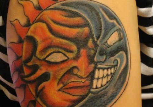 Colorful Evil Half Moon Vs Good Sun Tattoo