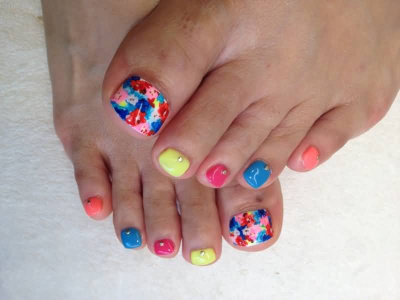 Colorful Floral Toe Nail Art