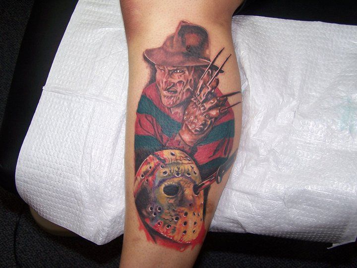 Colorful Freddy Krueger And Jason Mask Portrait Tattoo