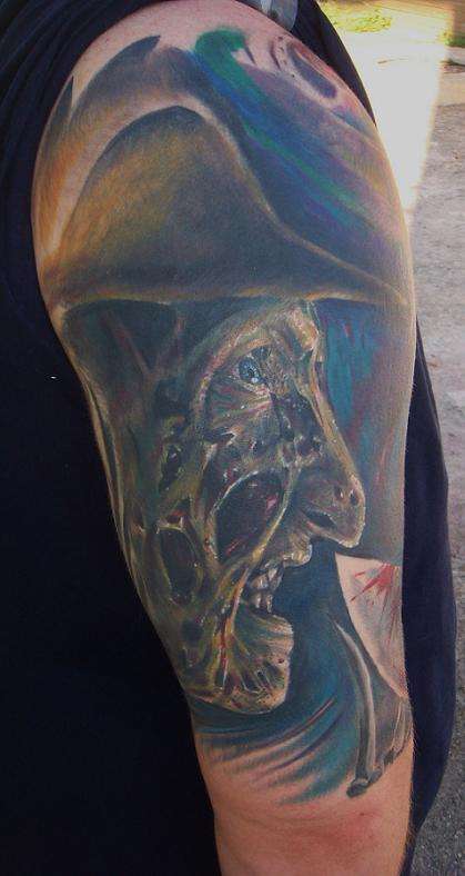 Colorful Freddy Krueger Large Tattoo On Right Half Sleeve
