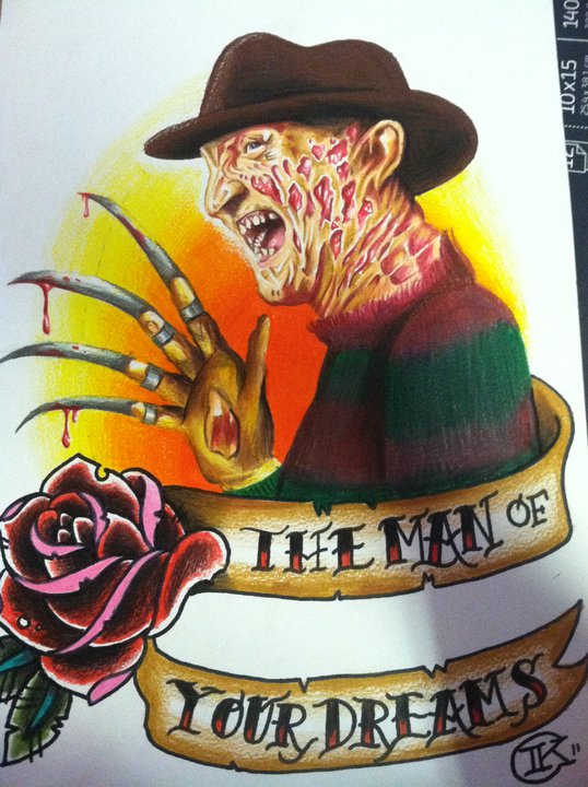 Colorful Freddy Krueger Portrait With Banner Traditional Tattoo Design