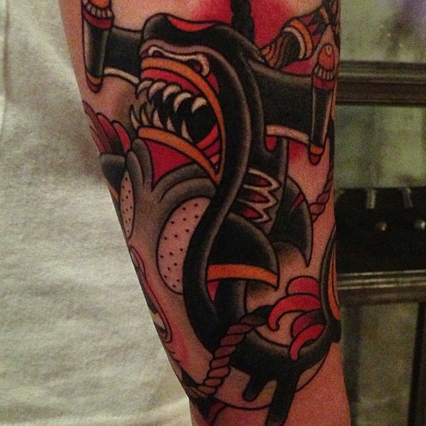 Colorful Hammerhead Shark Traditional Tattoo On Arm Sleeve