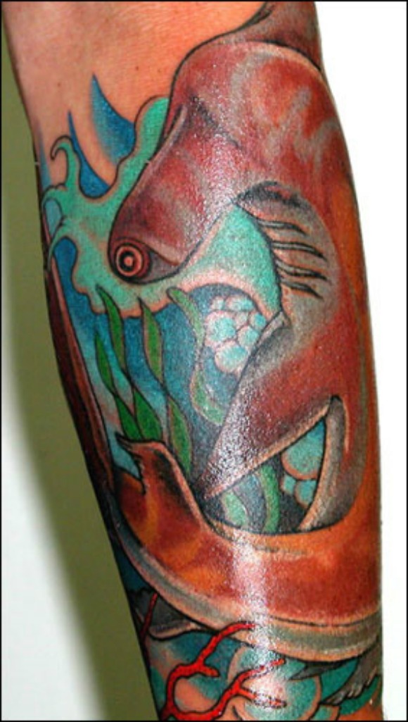 Colorful Hammerhead Shark Under Water Tattoo