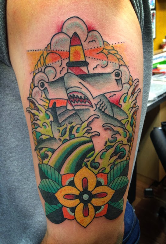 Colorful Hammerhead Shark With Clouds Traditional Tattoo By Mark Stewart