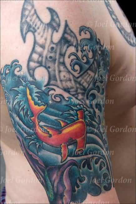 Colorful Hammerhead Shark With Water Tattoo On Right Half Sleeve