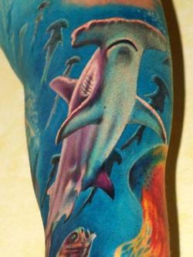Colorful Hammerhead Sharks Under Water Tattoo