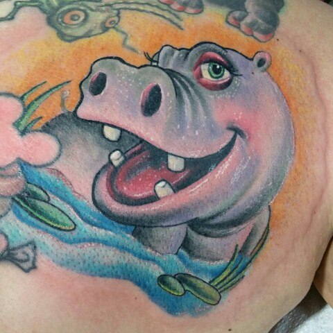 Colorful Happy Hippo Half In Water Tattoo