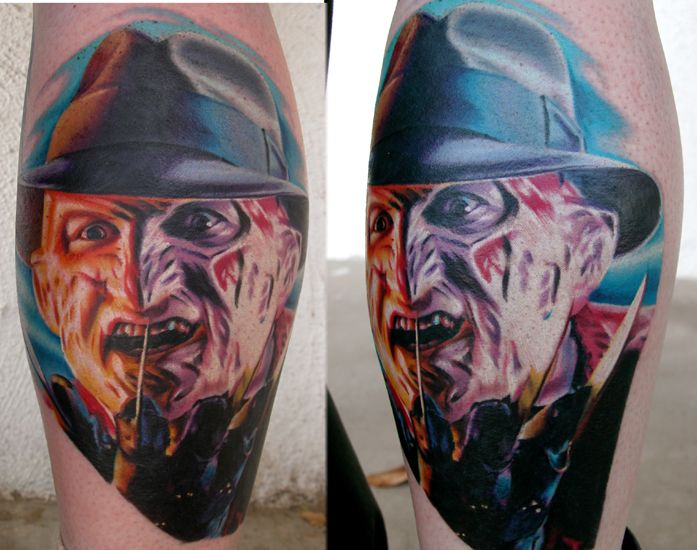 Colorful Horror Freddy Krueger In Circle Tattoo