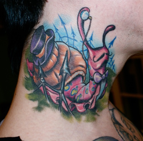 Colorful Lovely Snail Wearing Monocle With Hat Tattoo- On Side Neck