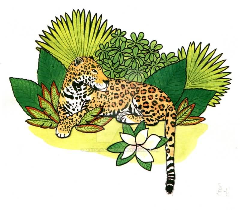 Colorful Sitting Jaguar With Flowers And Leaves Tattoo design By MonaLisaSmile23