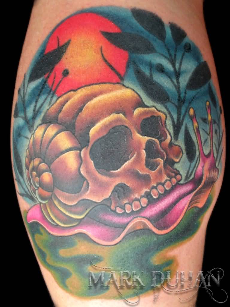 Colorful Skull On Snail Back With Nigh View Tattoo