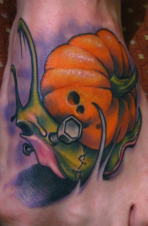 Colorful Snail Having Pumpkin Shell Hallowin Style Tattoo On Foot