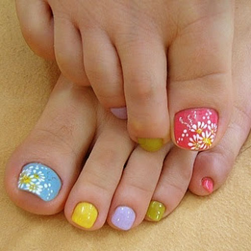 Colorful Toe Nails With Flowers Deign Nail Art Idea