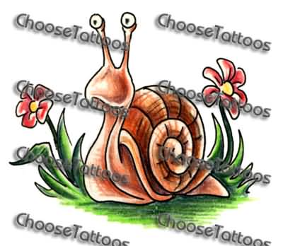 Colorful Flowers And Snails Tattoo Design