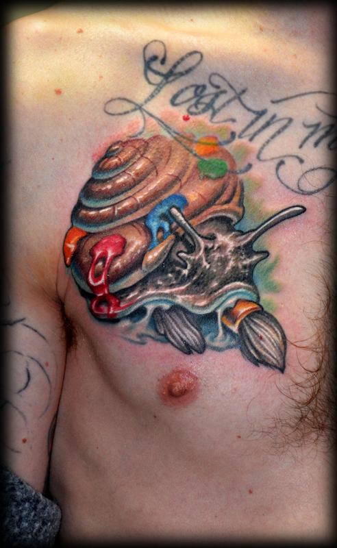 Cool Colorful Snail Crawling Tattoo On Right Chest