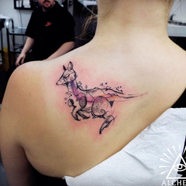 Cool Kangaroo Watercolor Tattoo On Left Back Shoulder By Cynthia Sobraty