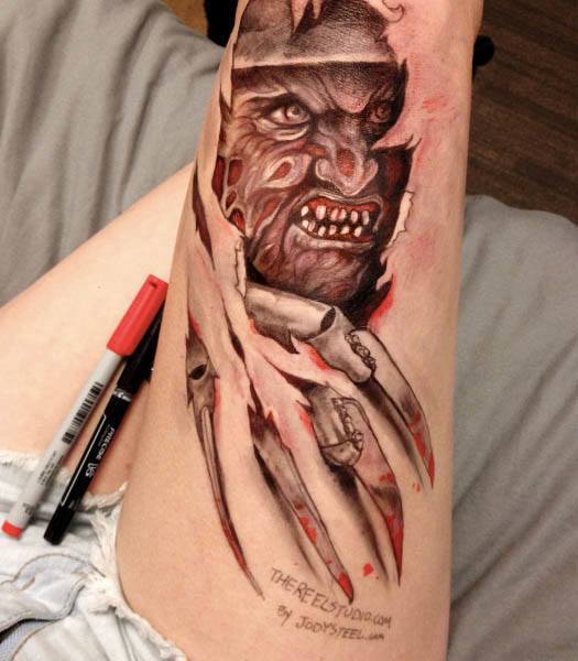 Creative Freddy Krueger 3D Tattoo On Thigh