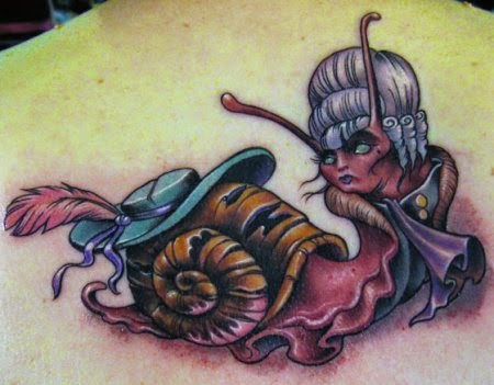Creative Lady Faced Snail With Hat Tattoo Design