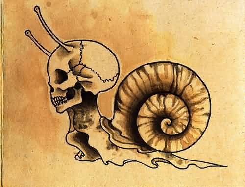 Creative Snail Having Skull Head Tattoo Design