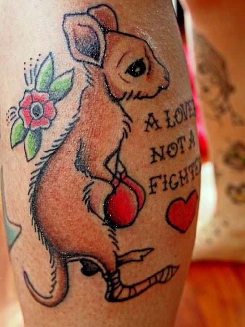 Cute Baby Boxer Kangaroo With Lettering Traditional Tattoo
