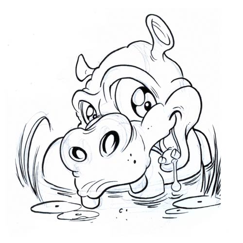 Cute Cartoon Hippo Head With Water Tattoo Design