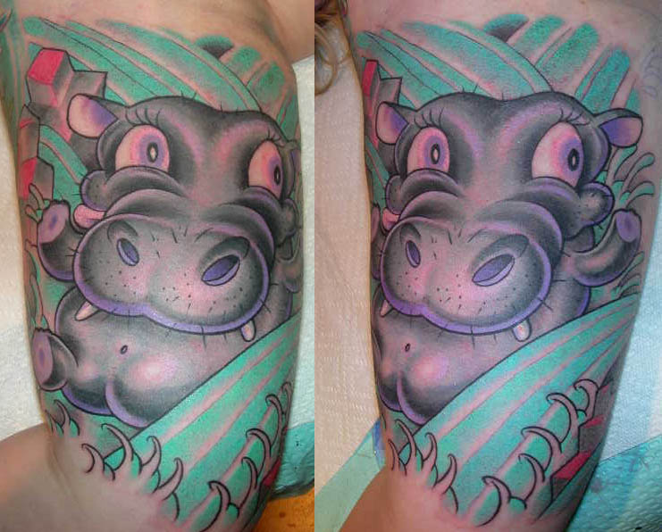 Cute Cartoon Hippo Playing Colored Tattoo