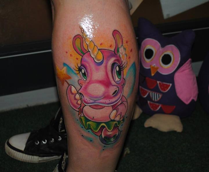 Cute Colored Cartoon Hippo Fairy Tattoo On Leg