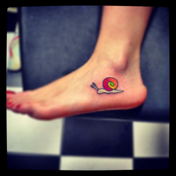 Cute Colorful Shell Snail Tattoo On Foot