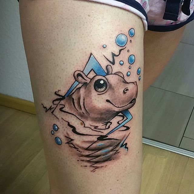 Cute Grey And Blue Little Hippo And Water Bubbles Tattoo