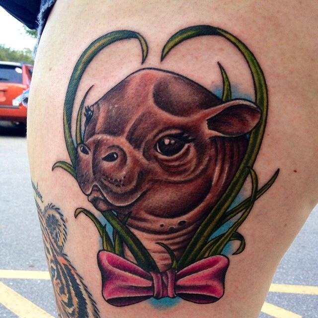 Cute Grey Pygmy Hippo With Bow Tattoo By Stacie Becker