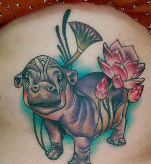 Cute Hippo Traditional Colored Tattoo