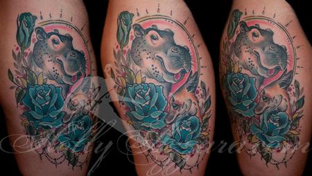 Cute Hippo With Blue Rose Flowers Tattoo