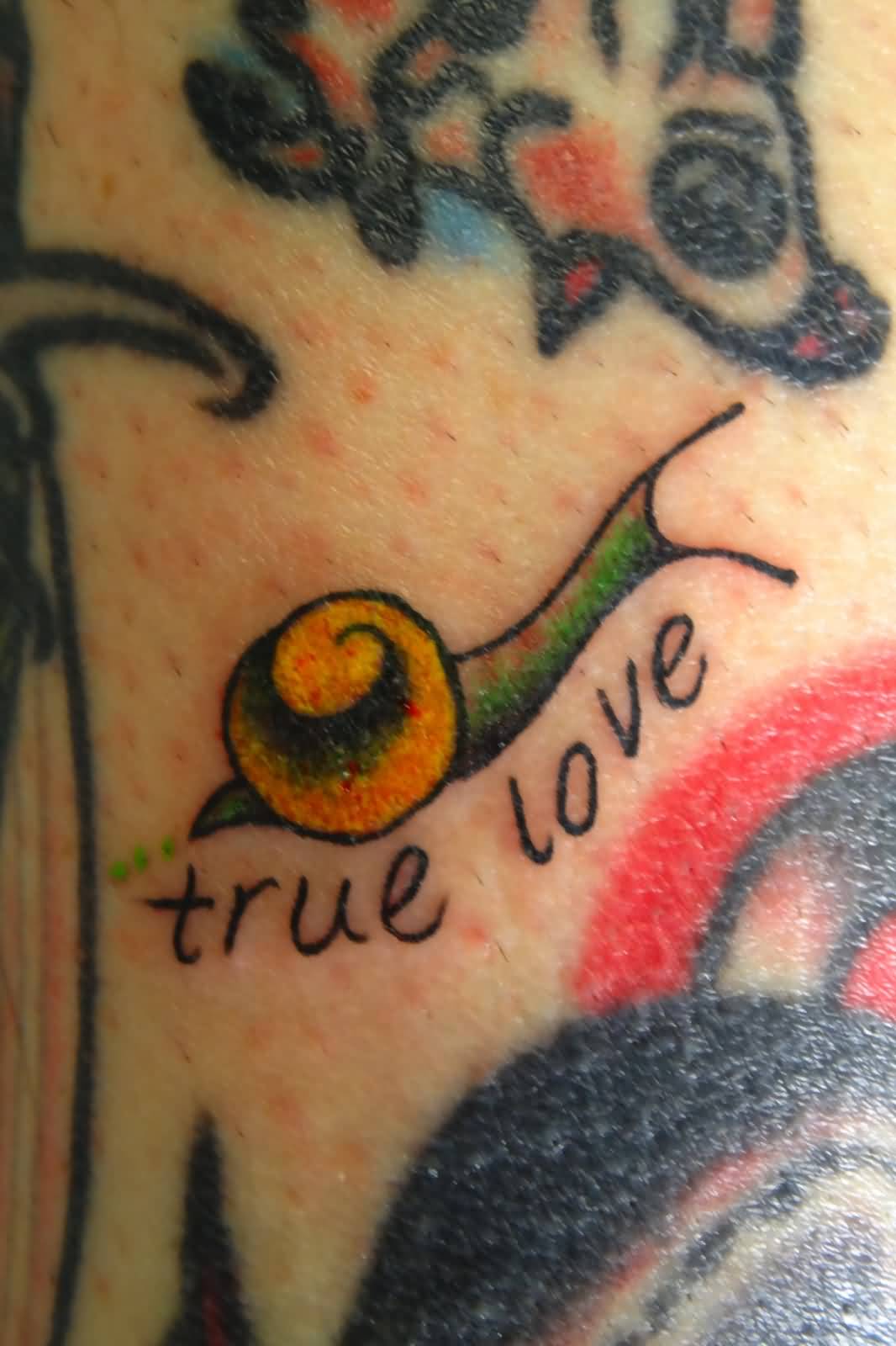 Cute Small Snail With True Love Words Tattoo