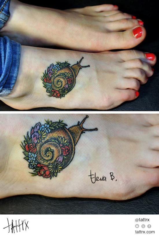 Cute Snail And Flowers On Shell Traditional Tattoo On Foot