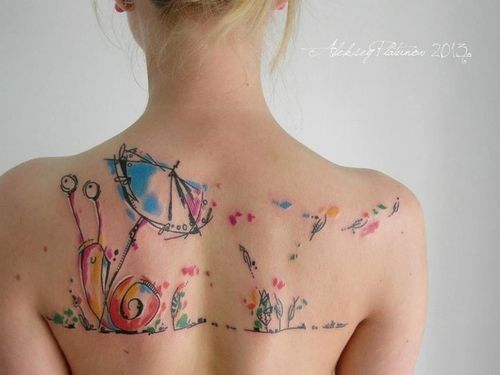 Cute Snail With Umbrella Watercolor Tattoo On Upper Back