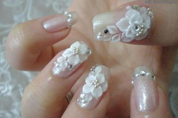 Cute White 3D Flowers And Rhinestones Design Nail Art