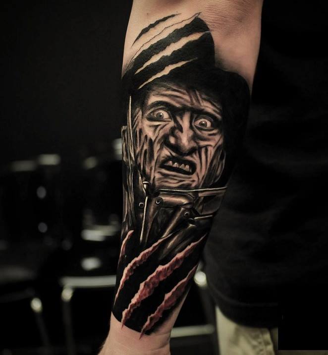 Dark Ink Scary Freddy Krueger Tattoo On Forearm