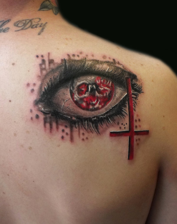 Fabulous Evil Eye With Cross Tattoo On Right Back Shoulder By Zsil Works