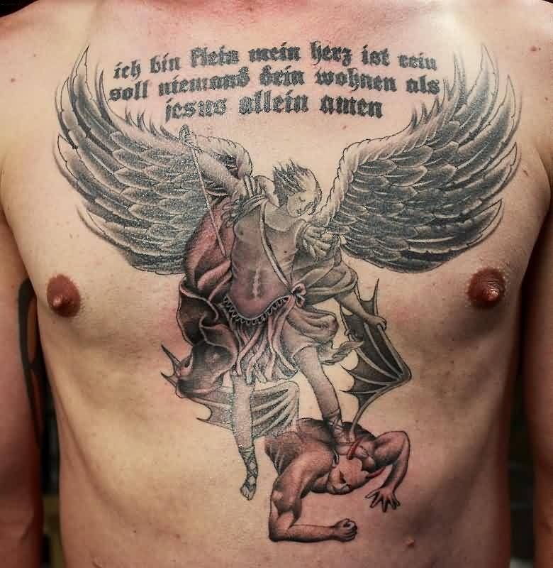 Fabulous Grey Ink Angel Vs Evil With Lettering Tattoo On Chest