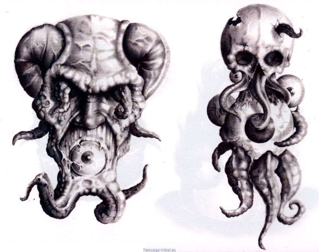 Fabulous Grey Ink Evil Skull And Demon Tattoo Design