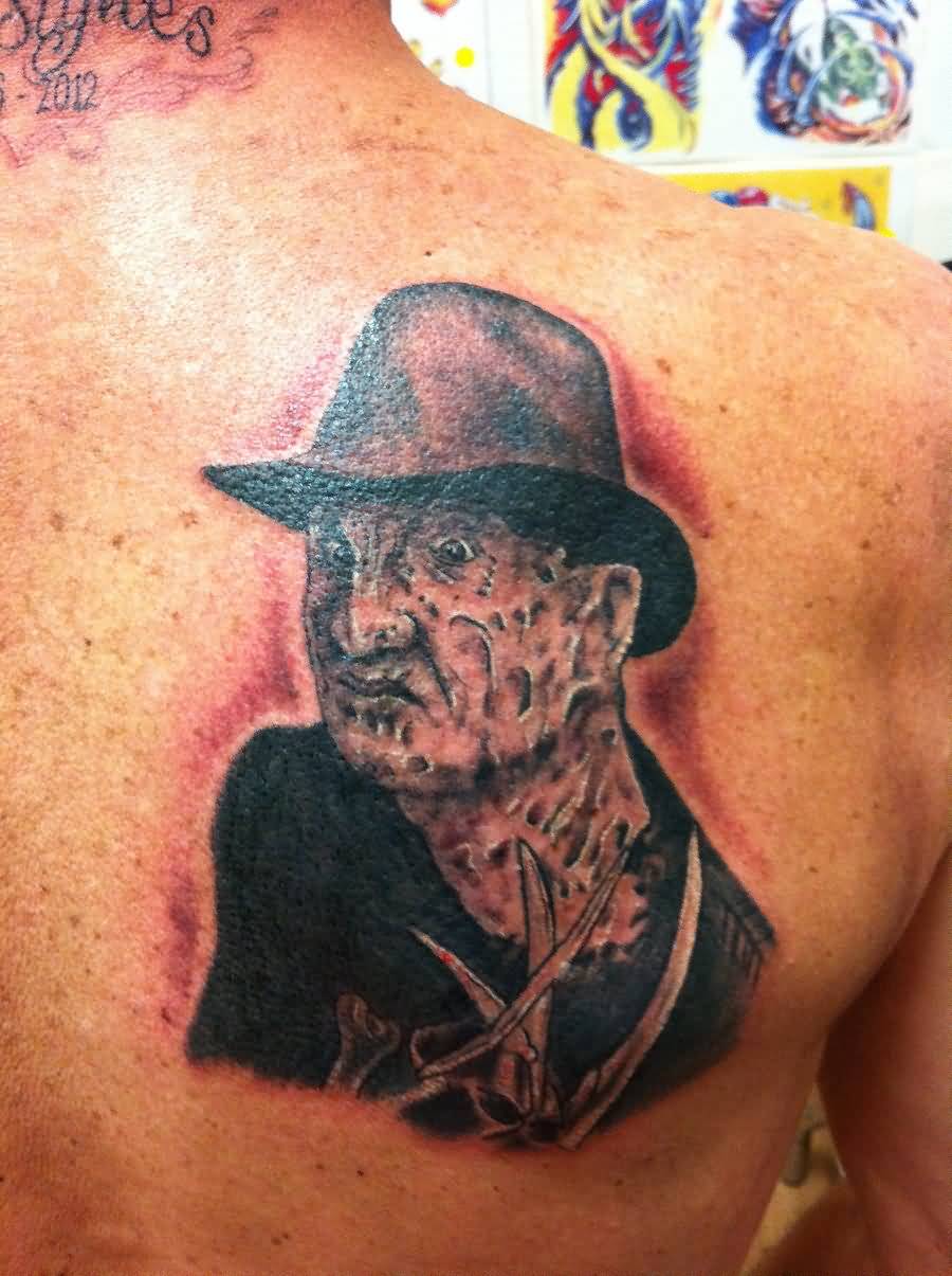 Fantastic Grey Ink Freddy Krueger Head Tattoo On Left Back Shoulder By Jayblum