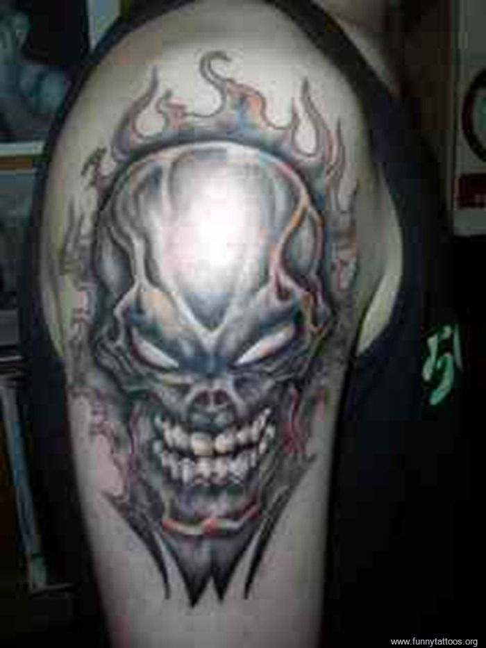Flaming Evil Skull Tattoo On Right Half Sleeve