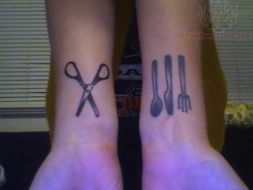 Fork With Knife Spoon And Scissor Tattoo On Both Wrists