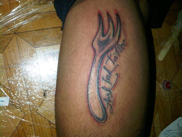 Fork With Lettering Tattoo On Arm Sleeve