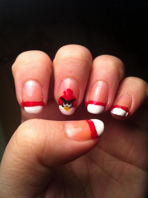 French Tip Acrylic Angry Birds Nail Art