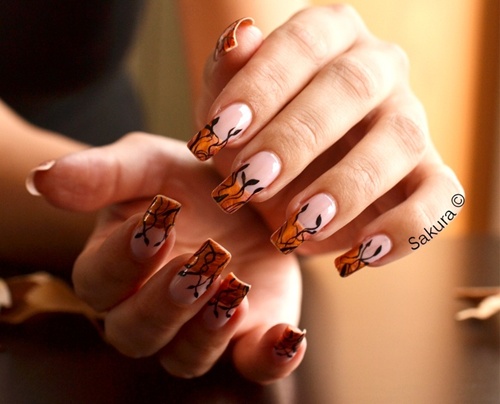 French Tip Autumn Leaves Nail Art