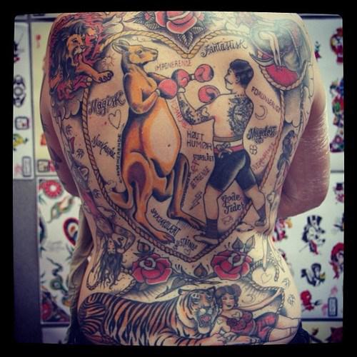 Full Back Kangaroo Boxing With Men In Heart Shape And Animals Traditional Tattoo