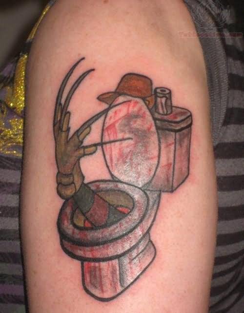 Funny Freddy Krueger Glove In Toilet Seat Tattoo On Left Half Sleeve