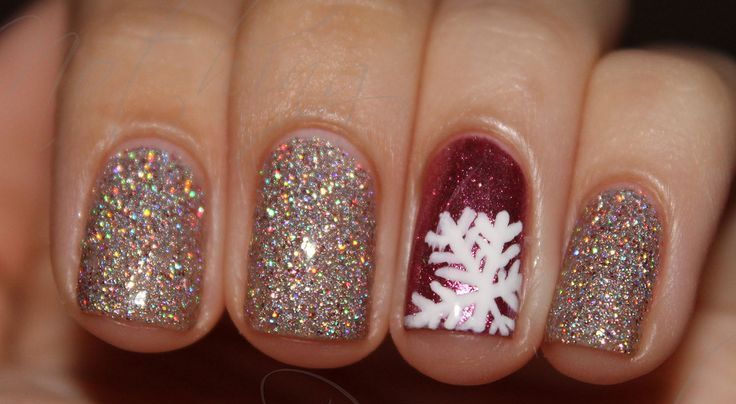 Glitter Nails And Accent Snowflake Design Winter Nail Art